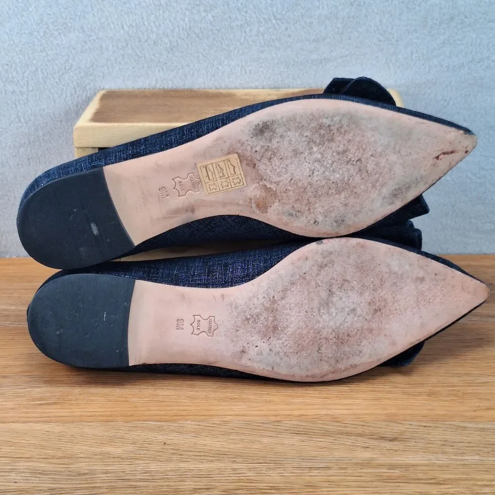 Tory Burch Rosalind Women's 9 Ballet Flats Navy Blue Printed Suede Bow Slip On